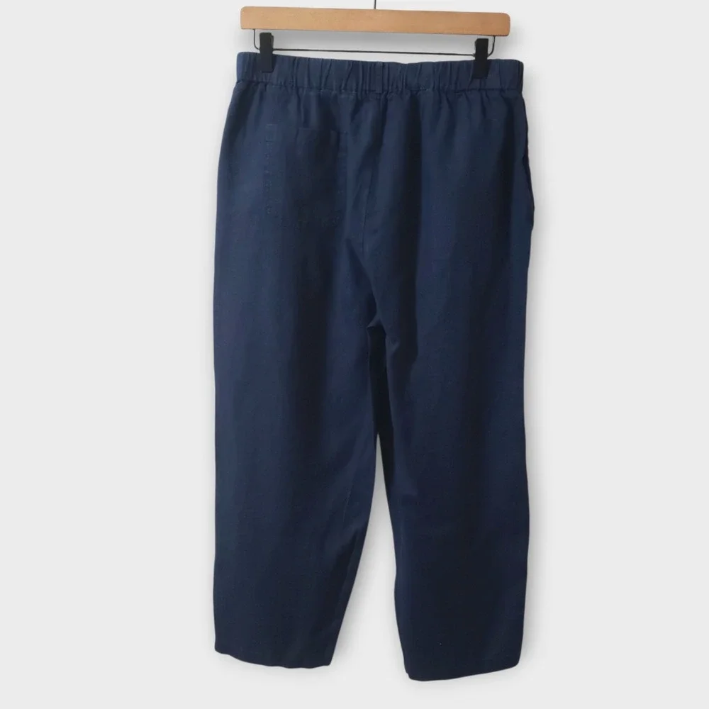 Quince European Linen Pants Deep Navy Blue Cropped Elastic Waist Medium